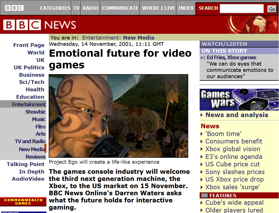 BBC о Project Ego: эмоциональное будущее для видеоигр (14 ноября 2001)